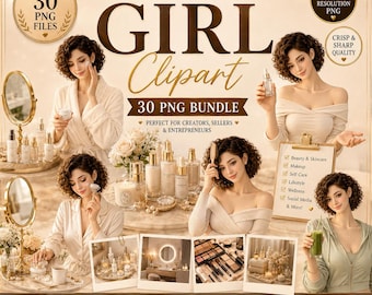 Luxury Beauty Girl Clipart Bundle, 30 Skincare PNG, Makeup Blogger Clipart, Spa Lifestyle PNG, Commercial Use Download