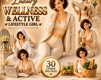 Luxury Wellness Girl Clipart Bundle, Pilates Girl PNG, Active Lifestyle Woman, Fitness Fashion Clipart