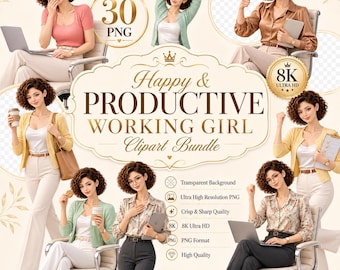 Happy & Productive Working Girl Clipart Bundle, Funny Work Moments, Joyful Office Life, Positive Productivity, 30 PNG Digital Clipart