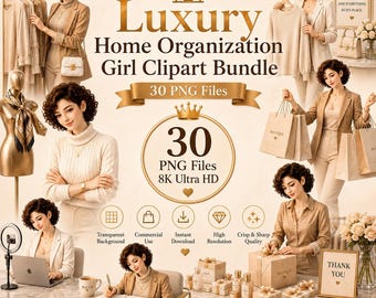 Luxury Home Organization Girl Clipart Bundle, Organized Lifestyle PNG, Home Cleaning, Productivity Planner Clipart