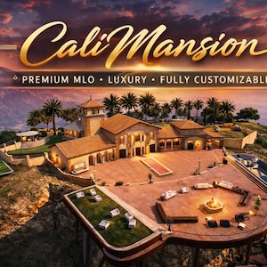 Peut inclure: Vue aérienne d'un manoir de luxe avec le texte "Cali Mansion" en lettres dorées. L'image présente une grande maison avec piscine, des sièges extérieurs et un petit terrain de football, le tout surplombant l'océan. Le texte en dessous indique "Premium MLO, Luxury, Fully Customizable."