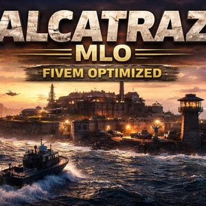 May include: Digital artwork depicting Alcatraz Island at dusk. A boat sails on the water in the foreground. The island features buildings and a lighthouse. Text reads "ALCATRAZ MLO FIVE OPTIMIZED". The sky is a blend of orange, yellow, and purple hues.