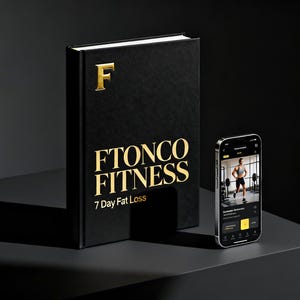 Könnte beinhalten: Ein schwarzes Buch und ein Smartphone werden auf einer dunklen Oberfläche angezeigt. Das Buch trägt goldfarbene Schriftzüge mit der Aufschrift „FTONCO FITNESS“ und „7 Day Fat Loss“. Das Smartphone zeigt eine Fitness-App.