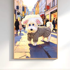 Afdrukbare hondenkunst aan de muur | Stad Winkelen Puppy Illustratie Olieverfschilderij Woondecoratie