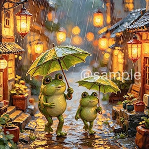 以下が含まれることがあります： 緑色の傘の下、雨の中を歩く2匹の緑色のカエルの空想的なイラスト。カエルは石畳の通りを歩き、背景には輝くランタンと建物があります。この画像は暖かく、魅力的な雰囲気を持っています。