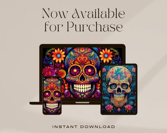 High resolution colourful skull themed desktop wallpaper. Perfect for TV, desktop, mobile, tablet. Digital download. JPG.