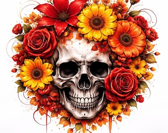Floral Skull Wallpaper – Red Orange Yellow Blooms, Gothic Art (Digital Download)