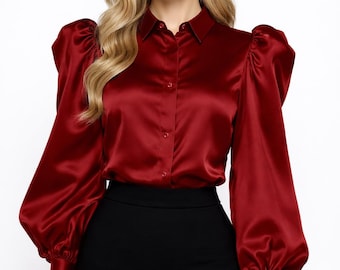 Frauen Satin Puff Langarm Bluse Button Down Shirt Casual Work Wear