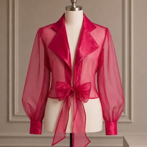 Women's Organza Tie Front Blouse | Women's Long Sleeve Bow Top | Transparent Party Shirt | Elegant Fairycore Coquette Blouse Organza Blouse