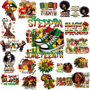 Op de afbeelding: Een collage van Juneteenth-thema's. Bevat hoge sneakers in rood, groen, geel en zwart, samen met tekst als "Black and Proud", "Black Owned" en "Juneteenth". Andere afbeeldingen zijn lippen, vuisten en portretten.