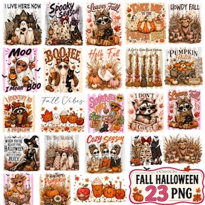 May include: A collection of twenty-three digital illustrations featuring fall and Halloween themes, including ghosts, raccoons, pumpkins, skeletons, and highland cows, with various seasonal text phrases like Spooky Season and Fall Vibes.