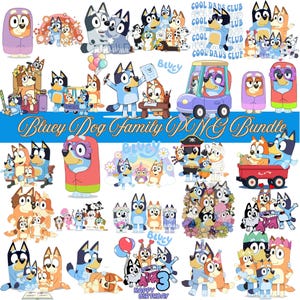 Paquete de imágenes PNG de la familia Bluey, Bluey, Bingo, imágenes prediseñadas de amigos, perro azul de dibujos animados, decoración de cumpleaños para niños