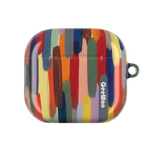 May include: A brightly coloured earbud case with an abstract design. The case is covered in vertical brushstrokes of various colours, including red, orange, and green. The brand name "OeeWoo" is printed on the lower right side of the case.