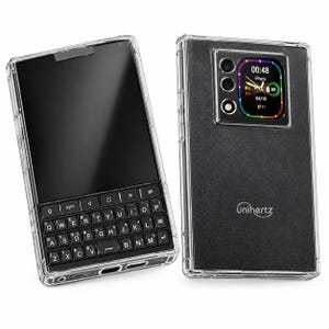 May include: A black smartphone with a physical QWERTY keyboard and a clear protective case. The back features a square camera module with a digital display showing the time 00:48 and the Unihertz logo printed in white on the lower section.