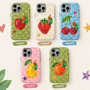 May include: Five smartphone cases featuring a caterpillar illustration on various fruits: an apple on green, a strawberry on cream, cherries on blue, a pear on pink, and an orange on green. Each case displays the text style1, style2, style3, style4, or style5.
