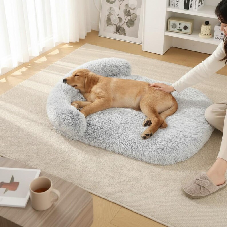 May include: A light gray, plush, oval-shaped pet bed with raised, cushioned edges. The bed features a soft, shaggy faux fur texture. A golden-colored dog is lying down on the bed, resting its head on the elevated side bolster.