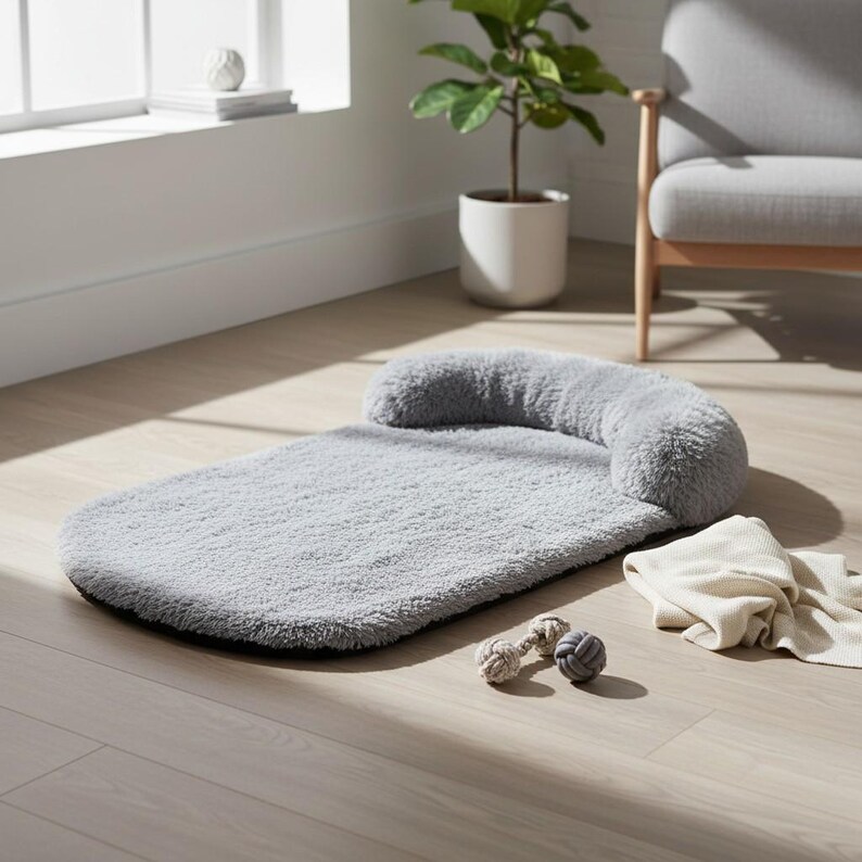 May include: A light gray, rectangular pet bed with a plush, fuzzy texture and a rounded, elevated bolster along one end. The bed is accompanied by two small, knotted rope toys and a folded, cream-colored fabric item resting nearby on the floor.