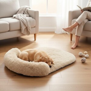 May include: A golden-colored dog sleeping on a plush, oval-shaped beige pet bed with a raised, cushioned bolster edge. The bed features a soft, shaggy faux fur texture and a dark-colored base, providing a comfortable resting spot for the animal.