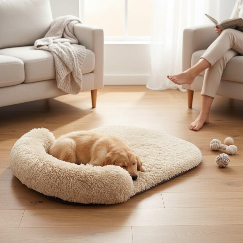 May include: A golden-colored dog sleeping on a plush, oval-shaped beige pet bed with a raised, cushioned bolster edge. The bed features a soft, shaggy faux fur texture and a dark-colored base, providing a comfortable resting spot for the animal.