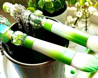 Handmade Emerald Beaded Makeup Brushes Set: Rhinestone Glam Vanity Decor