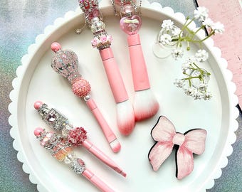 Handmade Pink Beaded Makeup Brush Set, Rhinestone Glam Vanity Decor
