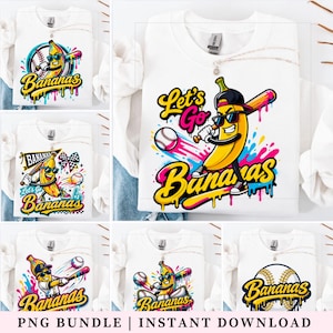 May include: White long-sleeve shirts with baseball-themed graphics. Designs include a cartoon banana wearing sunglasses and a baseball cap, holding a bat, and the text "Bananas". Other designs feature baseballs and the text "Let's Go Bananas".