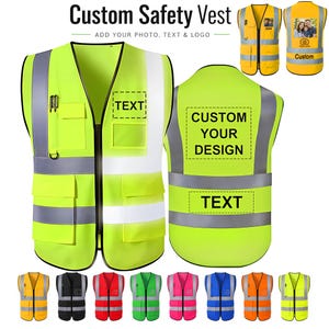 May include: A neon yellow safety vest featuring reflective silver horizontal stripes, multiple utility pockets, a front zip closure, and designated areas for custom text, photos, or logos. The vest includes a clear ID badge holder.
