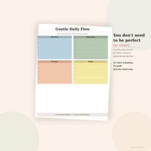 Puede incluir: Un planificador diario titulado "Gentle Daily Flow" con secciones para la mañana, la tarde, la noche y la noche. El planificador está diseñado para familias con TDAH, autismo y sobrecargadas. El texto al lado dice "No necesitas ser perfecto para empezar."