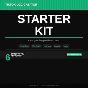 May include: A digital product graphic with the text "STARTER KIT" in large white letters. Below, it reads "Land your first paid brand deal." Additional text includes "15-Page Guide," "Pitch Scripts," and "Instant Download."