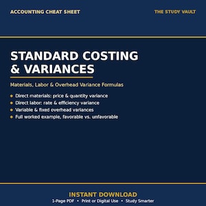 May include: A dark blue accounting cheat sheet titled Standard Costing & Variances from The Study Vault. It lists formulas for materials, labor, and overhead variances, including direct materials, direct labor, and a full worked example.