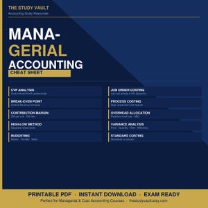 May include: A dark blue and gold educational cheat sheet titled MANAGERIAL ACCOUNTING. It lists topics including CVP analysis, break-even point, contribution margin, high-low method, budgeting, job order costing, process costing, overhead allocation, variance analysis, and standard costing.