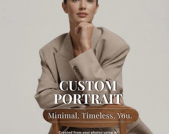 May include: A person in a tan suit sits on a wooden chair, resting their chin on their hand. The words "CUSTOM PORTRAIT" are displayed in large white text, with "Minimal. Timeless. You." below. The text "Created from your photos using AI" is at the bottom.