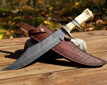 Hand-Forged Damascus Steel Bowie Knife: Bone Handle, Clip Point Blade, Perfect for Hunting, Survival & Gifting on Special Occasions
