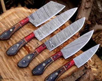 Hand-Forged Damascus Steel Chef Set: Red Pakka Wood Handle, 5pcs Kitchen Knife Gift for Birthdays Weddings, Anniversaries & Special Holidays