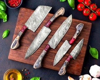 Hand-Forged Damascus Steel Chef Set: Red Pakka Wood Handle, 5pcs Kitchen Knife Gift for Birthdays Weddings, Anniversaries & Special Holidays