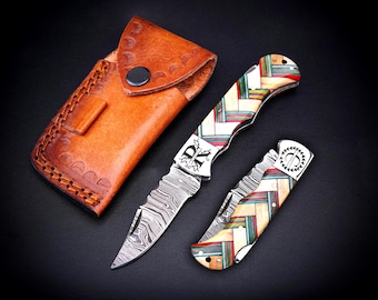 Handmade Damascus Pocket Knife Custom Groomsmen Gift Anniversary Gift for him Dad Husband Personalized Gift for Men Christmas gifts for him