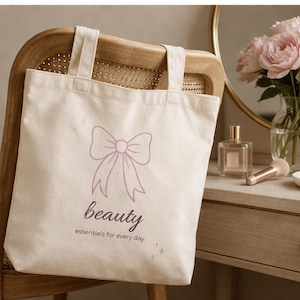 Beauty Script Tote Bag | Feminine Bow Accessory | Everyday Essentials Canvas Bag