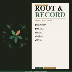 May include: A digital plant care collection titled "ROOT & RECORD" with a green and beige color scheme. The image includes a leaf graphic and lists planners for structured plant care, indoor tracking, container planning, garden beds, and scientific planning.