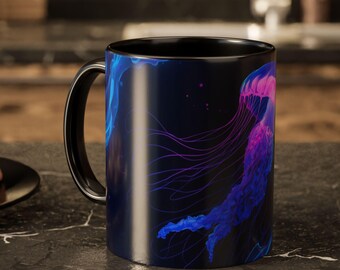 Taza de cerámica colorida con diseño de medusas neón / 325 ml o 444 ml