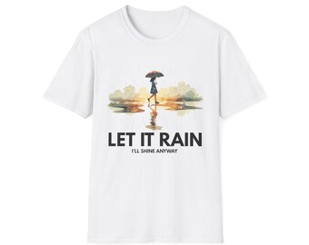 Camiseta con ilustración "Let It Rain" / silueta de paraguas, charco reflectante