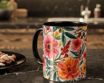 Taza con estampado floral en acuarela / Taza de café con flores coloridas