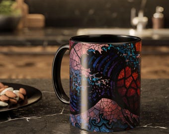 Taza de cerámica con diseño de la Gran Ola en vidrieras / Taza de cerámica con diseño de olas oceánicas coloridas