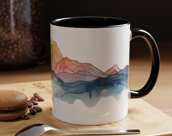 Taza de cerámica con diseño de montaña y vidrieras, taza de café con diseño de puesta de sol en acuarela, taza de cerámica con arte de la naturaleza.