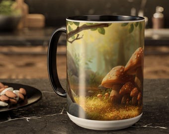 Taza con ilustración de una cabaña de setas / Taza de café de cerámica colorida