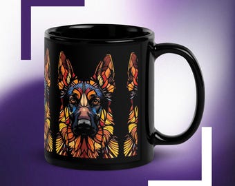 Taza de café negra con diseño de pastor alemán en vidriera, regalo para padres de pastores alemanes, papás y mamás perrunas.