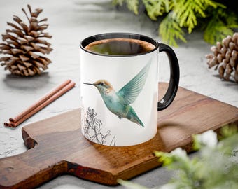Taza con colibrí en acuarela / Taza de café con boceto floral