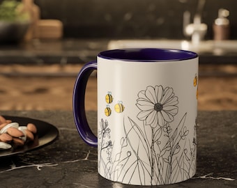 Taza de cerámica con diseño de abejas y flores silvestres / Taza de café de 325 ml (11 oz) / 444 ml (15 oz)