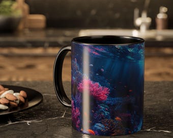 Taza con diseño de arrecife de coral submarino / Taza de café con escena oceánica