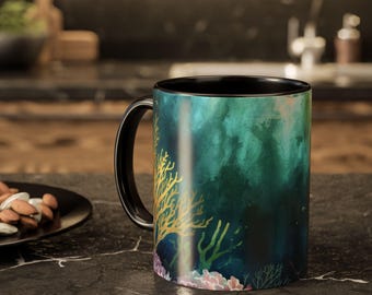 Taza con diseño de arrecife de coral submarino / Taza de café con escena oceánica