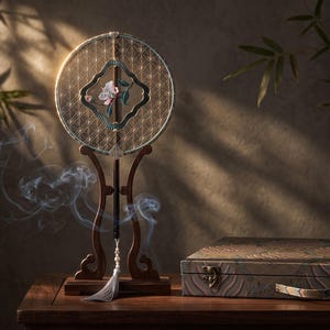 May include: A circular hand fan with a gold geometric grid pattern and a central floral embroidery featuring pink and green tones. The fan is mounted on a dark brown wooden stand with a white tassel and is accompanied by a matching rectangular box.